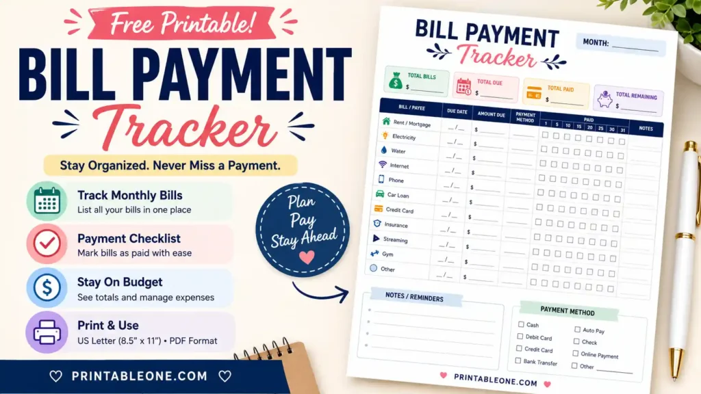 Bill Payment Tracker Printable feature image with printable monthly bill planner, payment checklist, due date tracker, and financial organization tools.