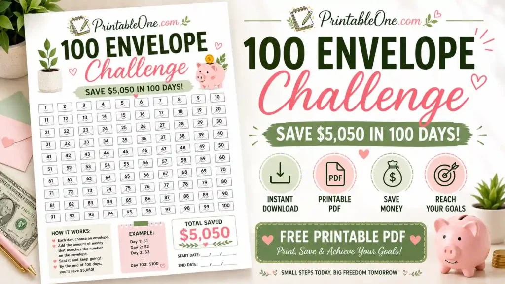 100 Envelope Challenge Printable PDF to save $5,050 in 100 days with free savings tracker