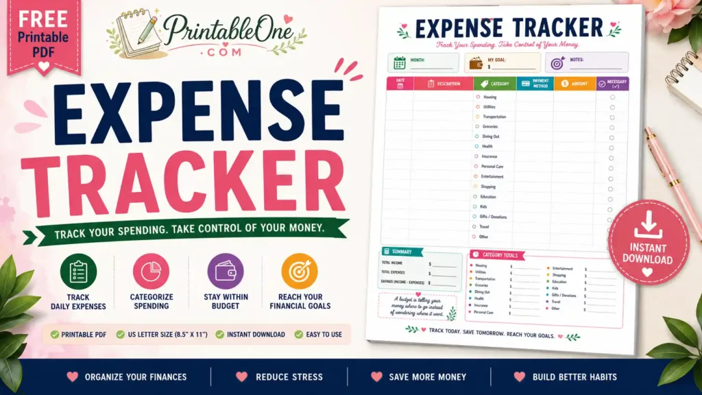 Expense Tracker Printable feature image showing a printable monthly expense tracker, spending categories, budget planner, and financial organization worksheet.