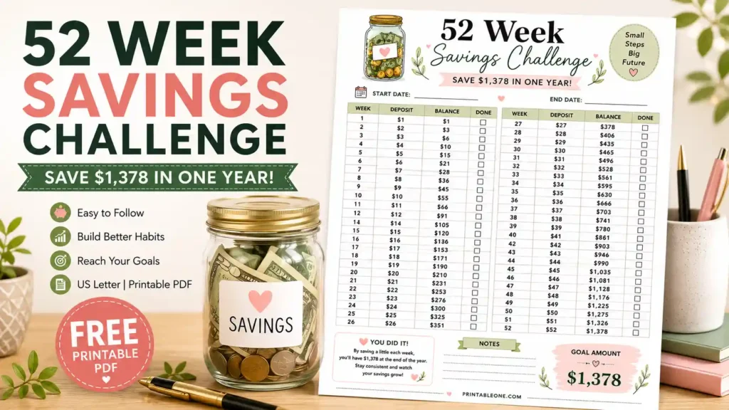 52 Week Savings Challenge Printable PDF with money jar savings tracker and free download