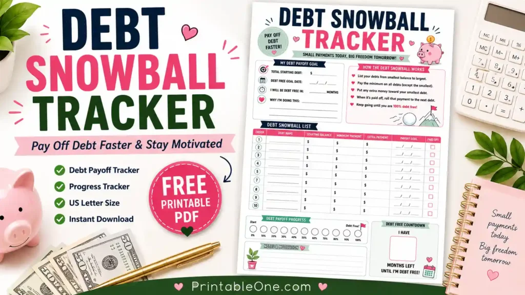 Debt Snowball Tracker Printable PDF feature image showing debt payoff worksheet and financial planning tools