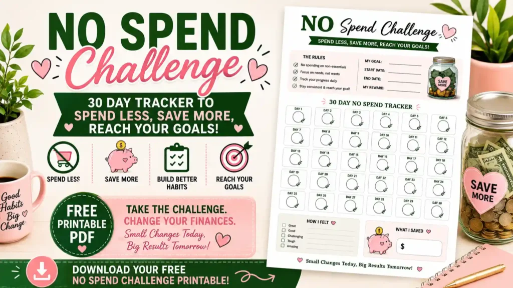 No Spend Challenge Printable PDF to spend less save more and reach your financial goals