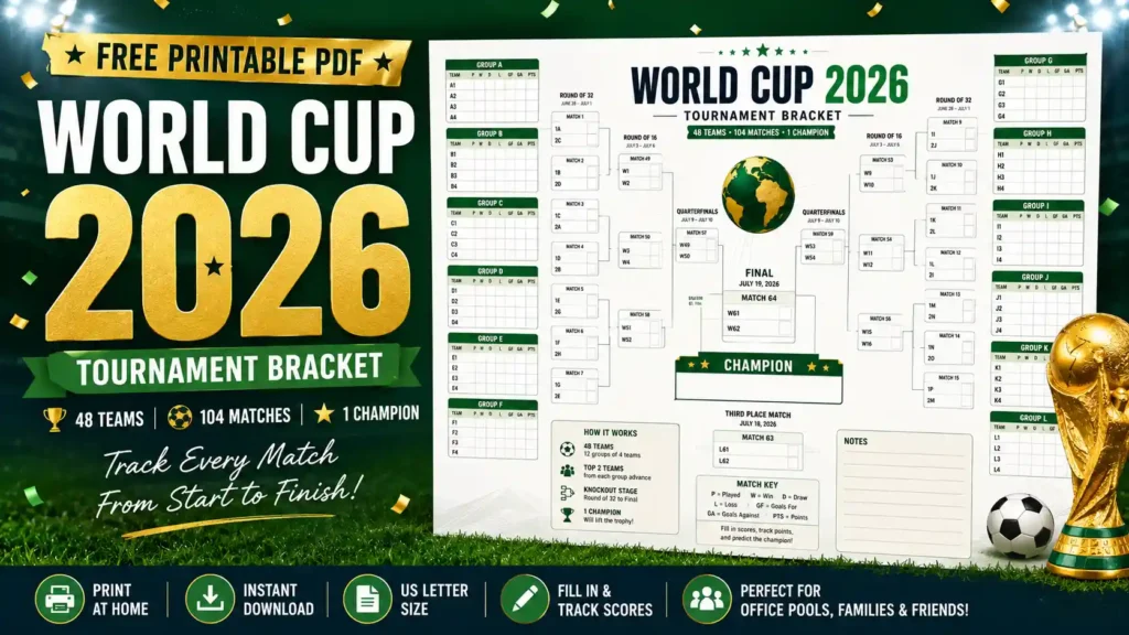World Cup 2026 Tournament Bracket Printable PDF for tracking every match from group stage to final