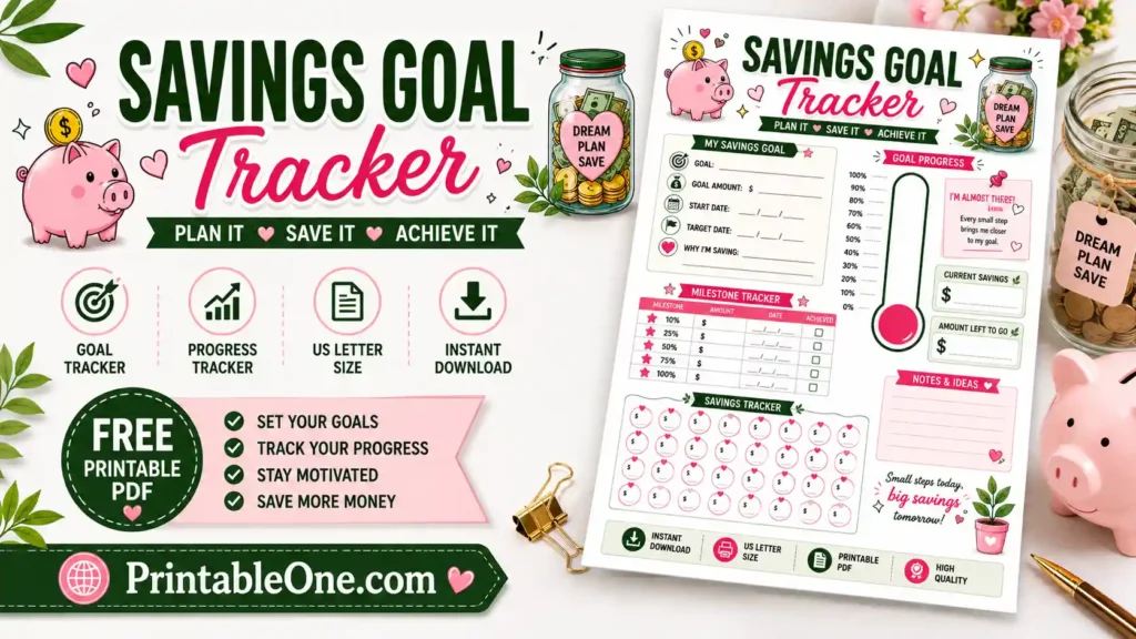 Free Savings Goal Tracker Printable PDF with milestone tracker and savings progress chart
