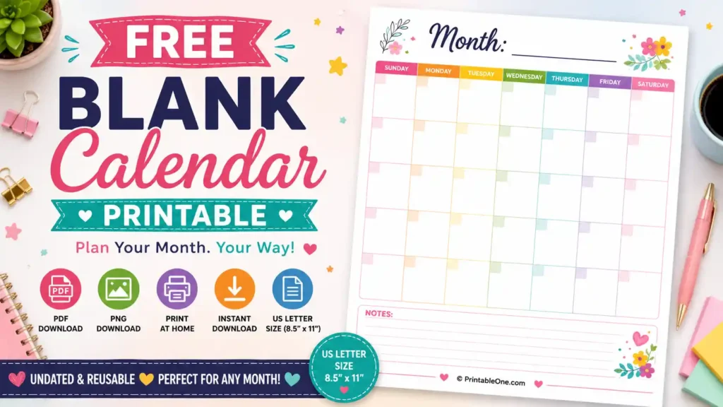 Free Blank Calendar Printable template in PDF and PNG for US Letter 8.5 × 11 inch paper