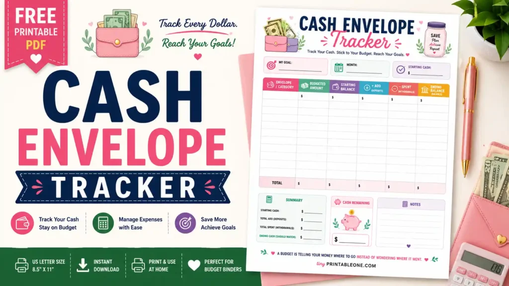 Cash Envelope Tracker Printable feature image showing a printable cash stuffing budget planner with envelope tracking worksheet, budget binder layout, and US Letter PDF.