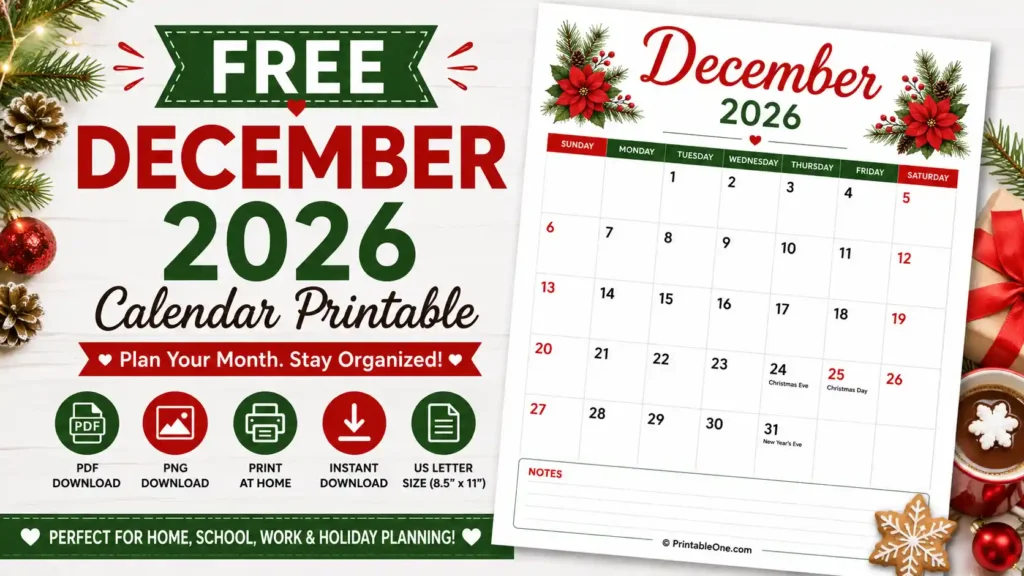 Free December 2026 Calendar Printable in PDF and PNG for US Letter 8.5 × 11 inch paper