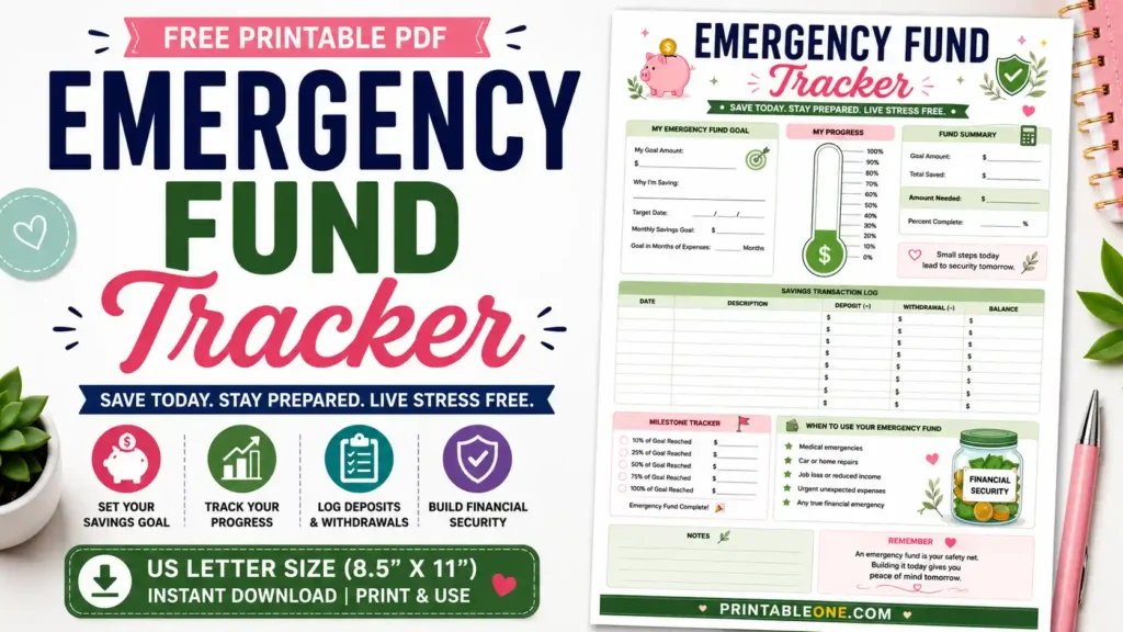 Free Emergency Fund Tracker Printable PDF featuring a savings goal planner, progress thermometer, savings transaction log, milestone tracker, and emergency savings worksheet.