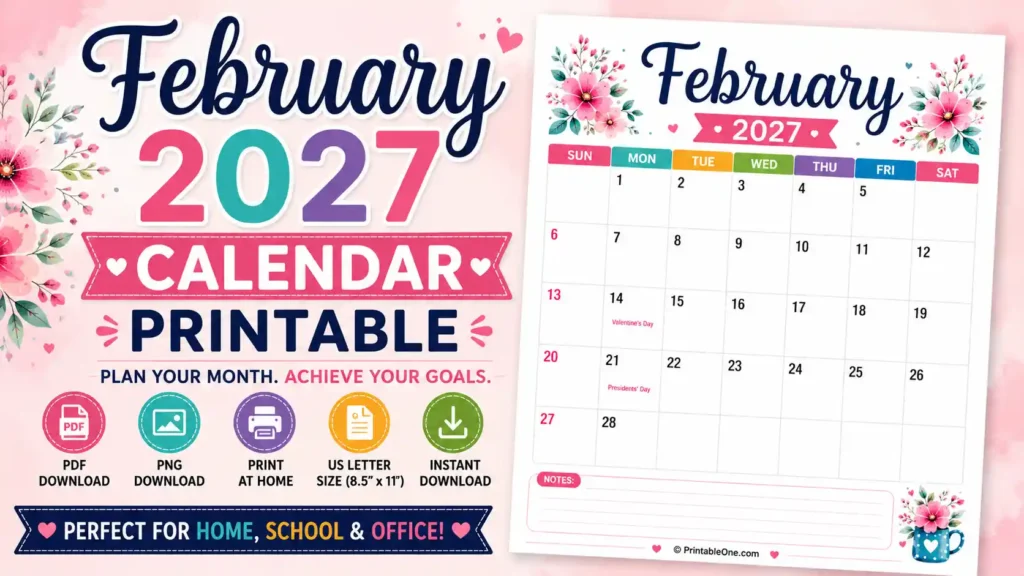 Free February 2027 Calendar Printable in PDF and PNG for US Letter 8.5 × 11 inch paper with colorful monthly planner layout