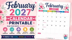 Free February 2027 Calendar Printable in PDF and PNG for US Letter 8.5 × 11 inch paper with colorful monthly planner layout