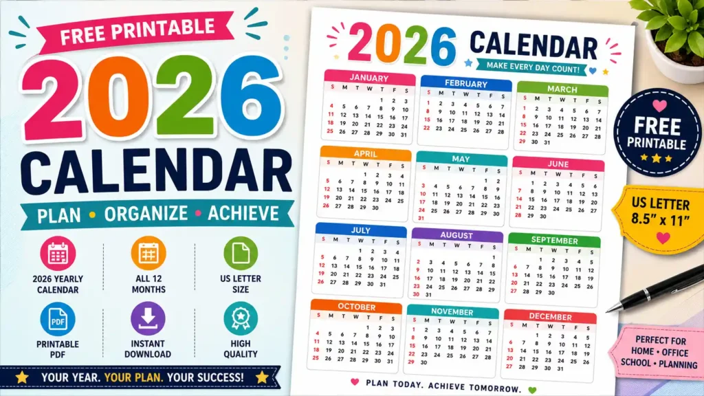 2026 Calendar Printable PDF featuring all 12 months in a colorful one-page US Letter layout for home, office, school, and planning.