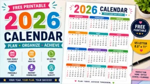 2026 Calendar Printable PDF featuring all 12 months in a colorful one-page US Letter layout for home, office, school, and planning.