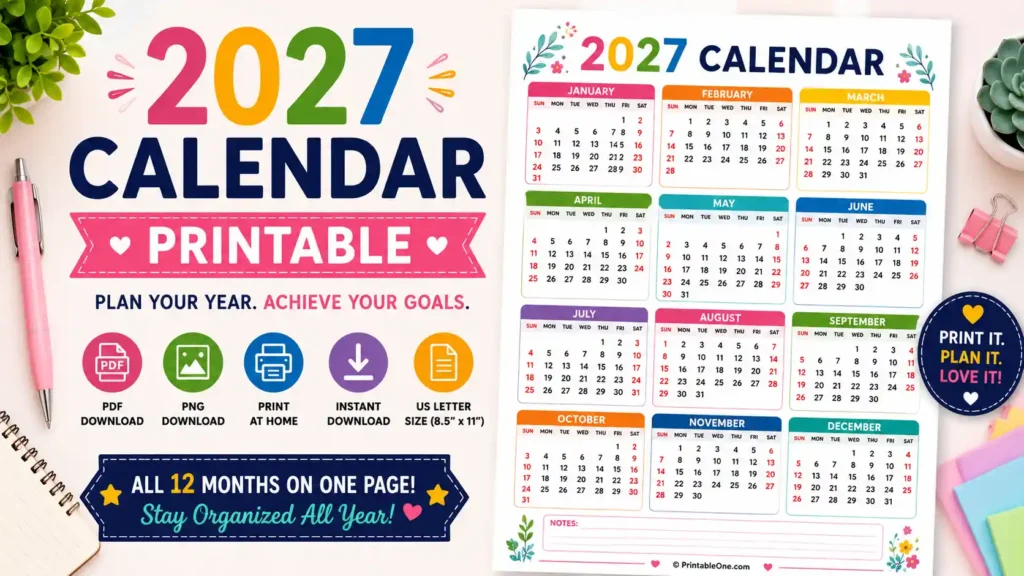 Free 2027 Calendar Printable one-page yearly calendar in PDF and PNG for US Letter 8.5 × 11 inch paper