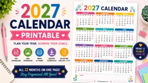 Free 2027 Calendar Printable one-page yearly calendar in PDF and PNG for US Letter 8.5 × 11 inch paper