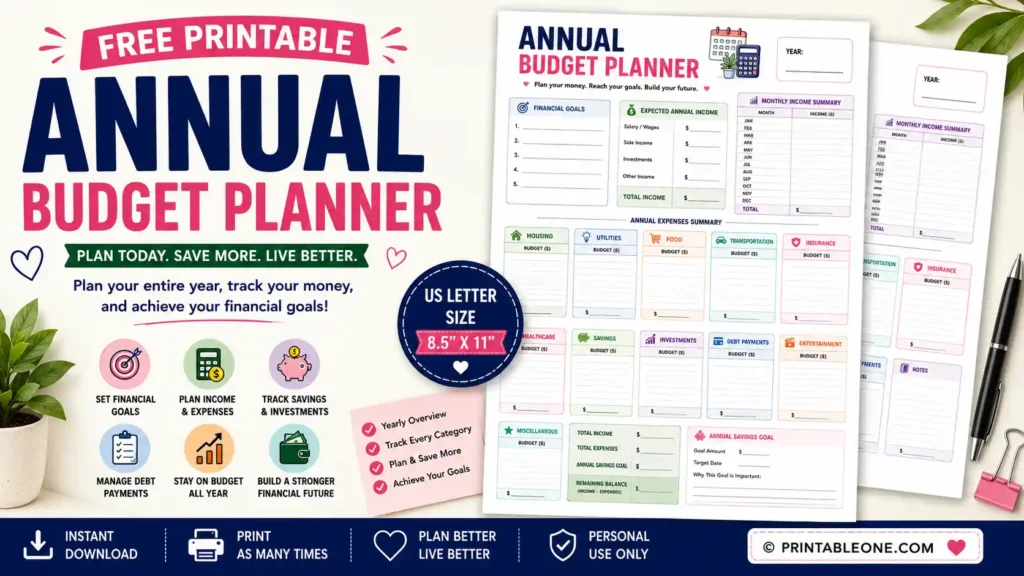 Free Annual Budget Planner Printable PDF featuring yearly income planning, expense categories, savings goals, debt payments, annual budget summary, and financial planning worksheet.