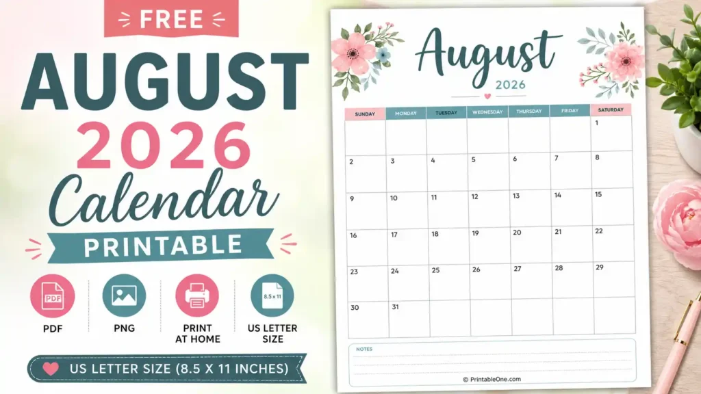 August 2026 Calendar Printable free PDF and PNG download in US Letter 8.5 × 11 inch format