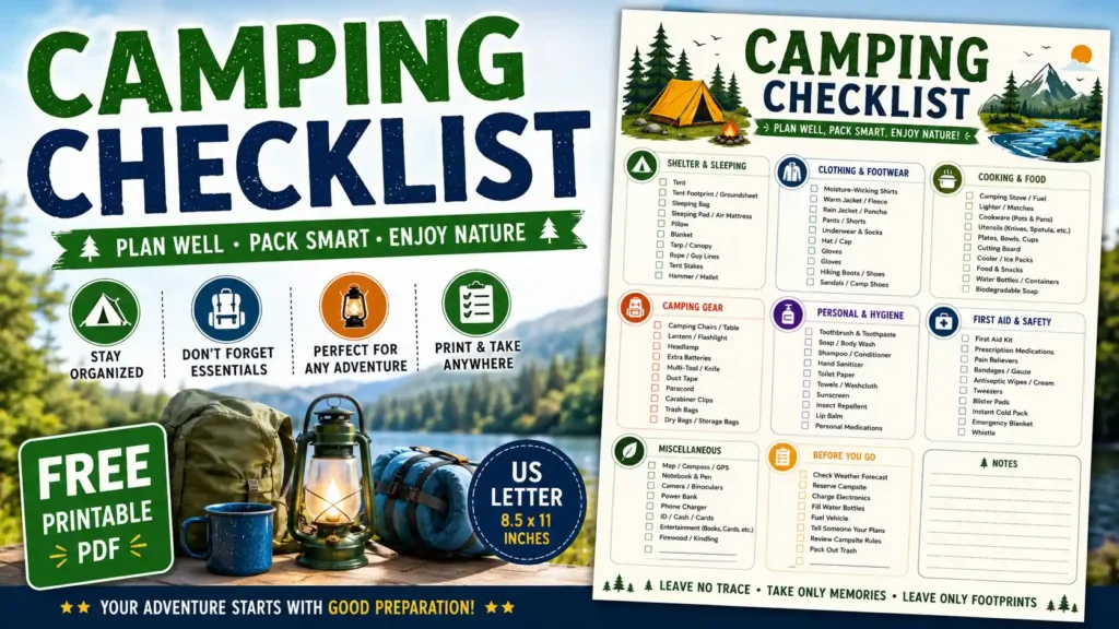 Camping Checklist Printable PDF with camping gear, food, clothing, safety essentials, notes section, and packing checklist in US Letter size.