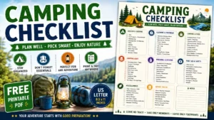 Camping Checklist Printable PDF with camping gear, food, clothing, safety essentials, notes section, and packing checklist in US Letter size.