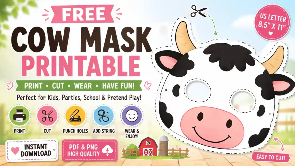 Cow Mask Printable PDF featuring a cute cartoon cow face with eye cutouts, cutting guides, and US Letter 8.5 × 11 inch layout.