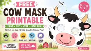 Cow Mask Printable PDF featuring a cute cartoon cow face with eye cutouts, cutting guides, and US Letter 8.5 × 11 inch layout.