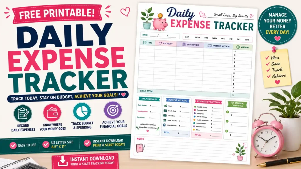 Free Daily Expense Tracker Printable PDF featuring daily spending log, expense categories, payment methods, daily budget summary, top spending categories, and notes section.
