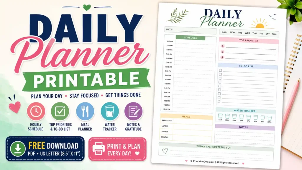 Daily Planner Printable PDF featuring hourly schedule, to-do list, meal planner, water tracker, notes, priorities, and gratitude section in US Letter size.