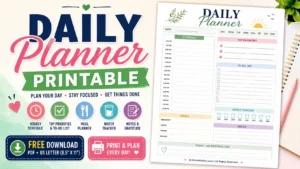 Daily Planner Printable PDF featuring hourly schedule, to-do list, meal planner, water tracker, notes, priorities, and gratitude section in US Letter size.