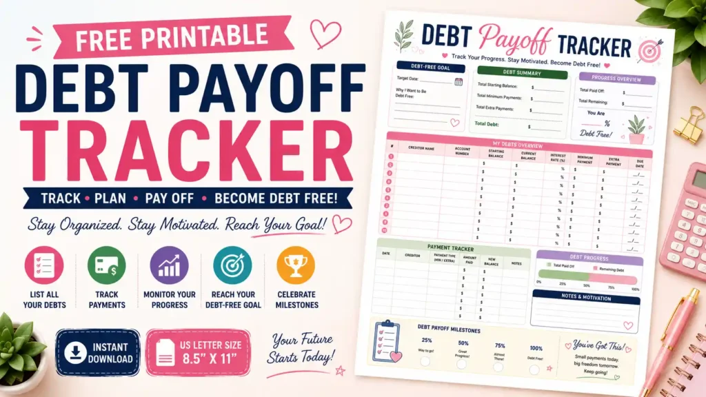 Free Debt Payoff Tracker Printable PDF featuring a debt summary, payment tracker, debt overview, progress tracker, milestone checklist, and debt-free planning worksheet.