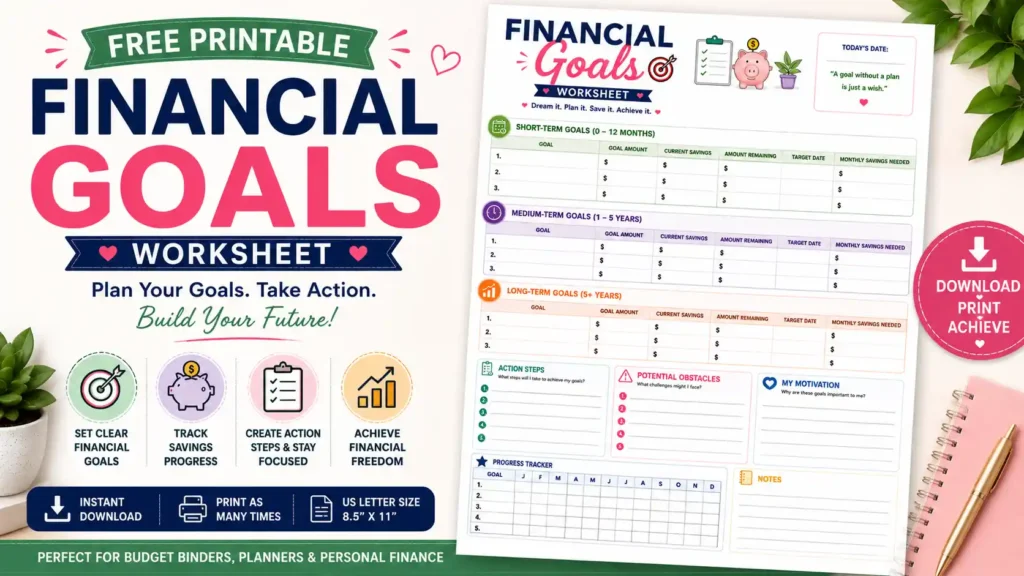 Free Financial Goals Worksheet Printable PDF featuring short-term, medium-term, and long-term financial goals, savings tracker, action plan, motivation section, progress tracker, and notes.