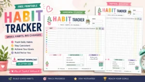 Free Habit Tracker Printable PDF featuring monthly habit tracking, daily progress grid, goal days, completed days, monthly summary, notes, and reward section.