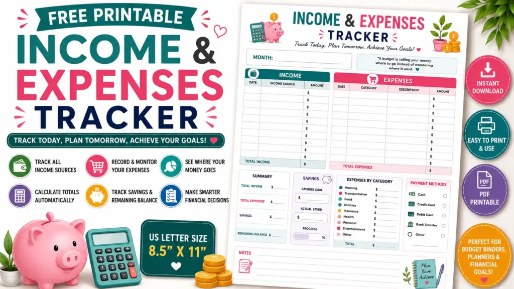 Free Income & Expense Tracker Printable PDF featuring income log, expense tracker, monthly budget summary, savings tracker, expense categories, payment methods, and notes section.
