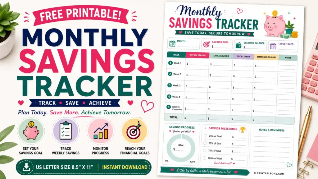 Free Monthly Savings Tracker Printable PDF featuring weekly savings tracker, savings goal, progress tracker, savings milestones, notes section, and monthly finance planner.
