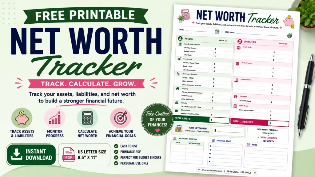 Free Net Worth Tracker Printable PDF featuring assets, liabilities, total net worth calculation, financial goals, monthly progress tracking, and notes section.