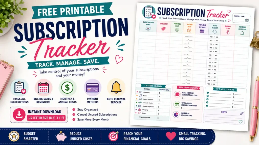 Free Subscription Tracker Printable PDF featuring recurring payment tracking, billing dates, monthly and annual costs, auto-renewal reminders, and budget planning sections.