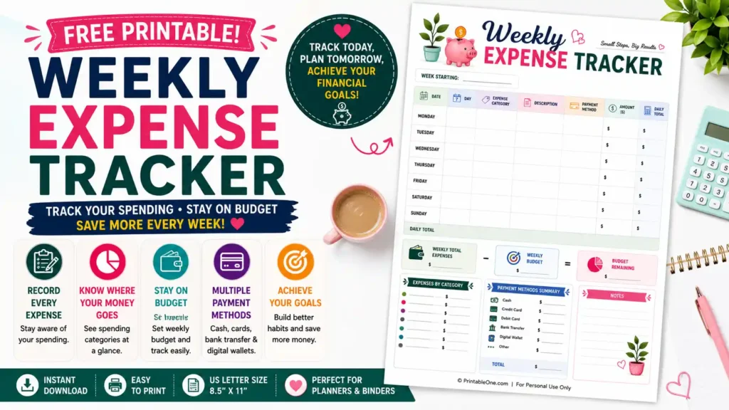 Free Weekly Expense Tracker Printable PDF featuring weekly spending log, expense categories, payment methods, weekly budget summary, weekly totals, and notes section.