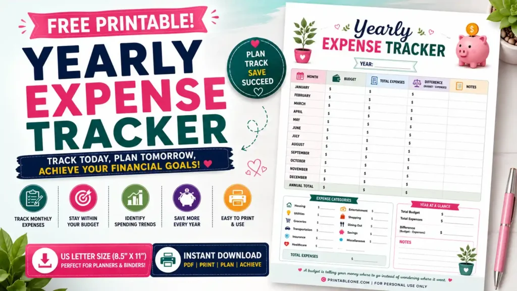 Free Yearly Expense Tracker Printable PDF featuring monthly expense tracking, annual budget comparison, yearly spending summary, expense categories, and notes section.