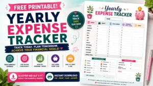Free Yearly Expense Tracker Printable PDF featuring monthly expense tracking, annual budget comparison, yearly spending summary, expense categories, and notes section.
