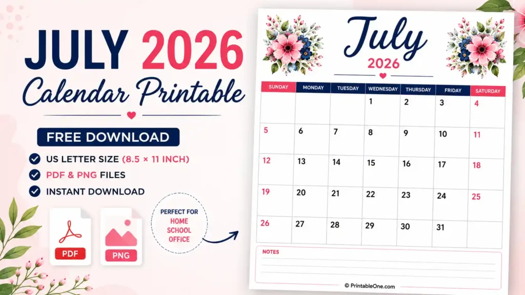 Free July 2026 Calendar Printable in PDF and PNG for US Letter 8.5 × 11 inch paper