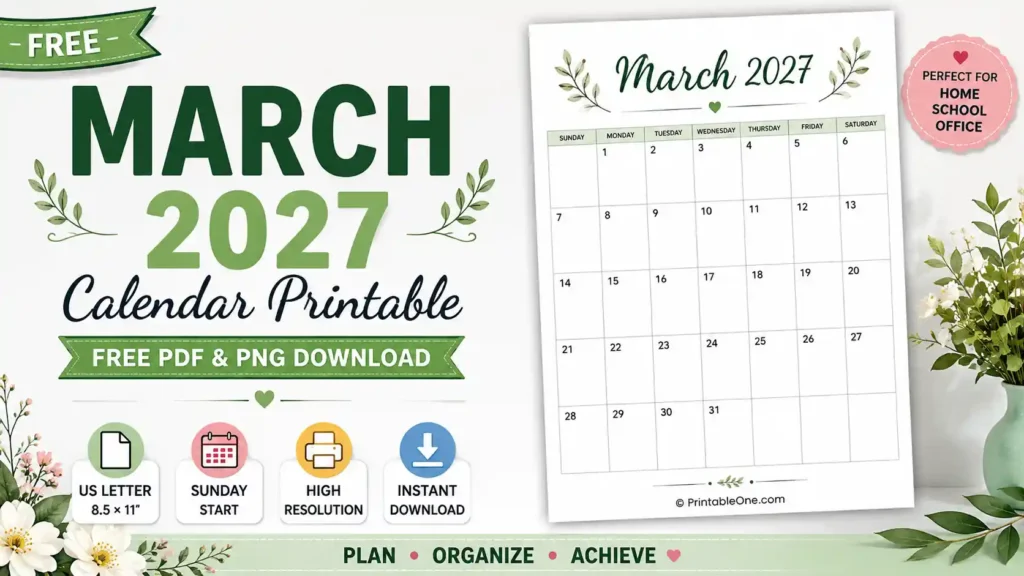 Free March 2027 Calendar Printable in PDF and PNG format for US Letter (8.5 × 11) paper with a clean monthly planner layout and Sunday start.