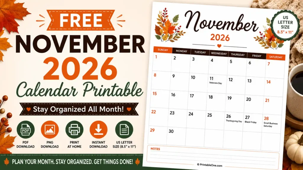 Free November 2026 Calendar Printable in PDF and PNG for US Letter 8.5 × 11 inch paper
