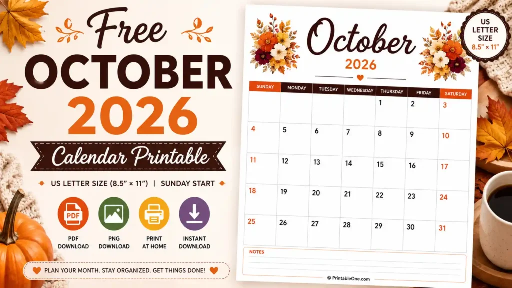 Free October 2026 Calendar Printable in PDF and PNG for US Letter 8.5 × 11 inch paper