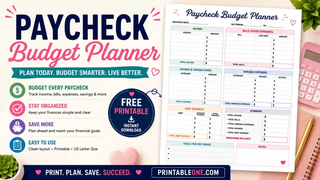 Free Paycheck Budget Planner Printable PDF featuring paycheck budgeting worksheet, income tracker, bills planner, expense tracker, savings planner, and debt payment organizer.