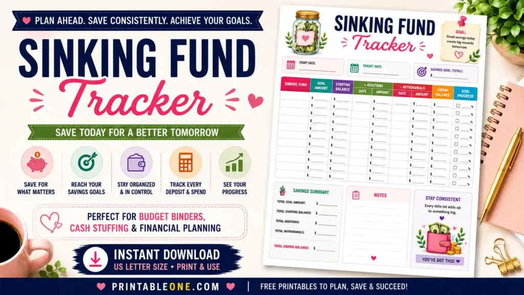 Free Sinking Fund Tracker Printable PDF showing savings goal tracker, sinking fund planner, deposits, withdrawals, goal progress, and budget worksheet.