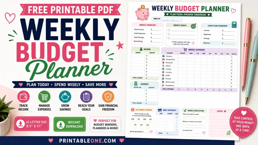 Free Weekly Budget Planner Printable PDF featuring a weekly income tracker, expense planner, savings tracker, no spend tracker, debt payment section, and weekly financial planning worksheet.